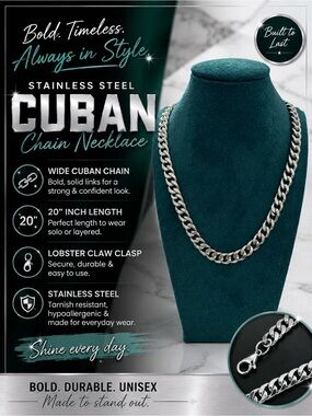 Stainless Steel Cuban Chain Necklace - 20”
